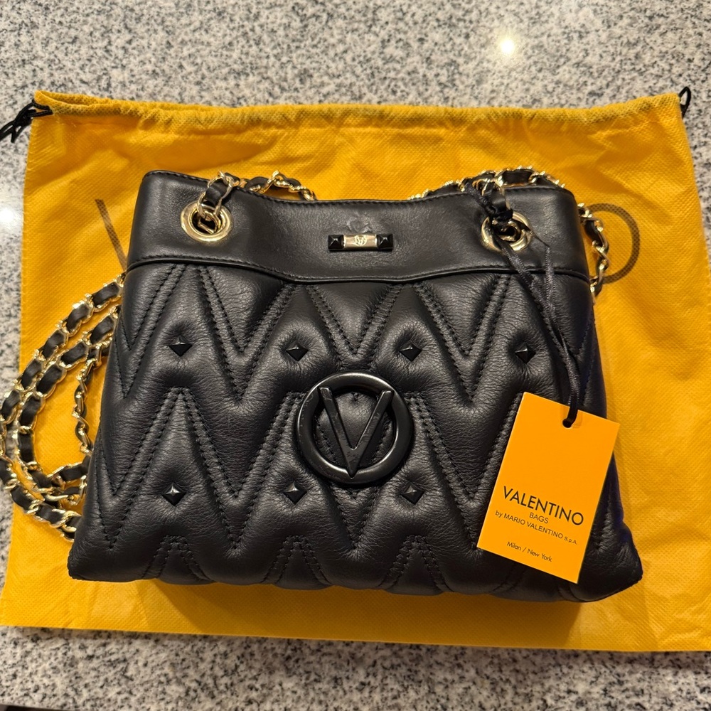 Valentino Black and Gold Quilted Shoulder Bag
